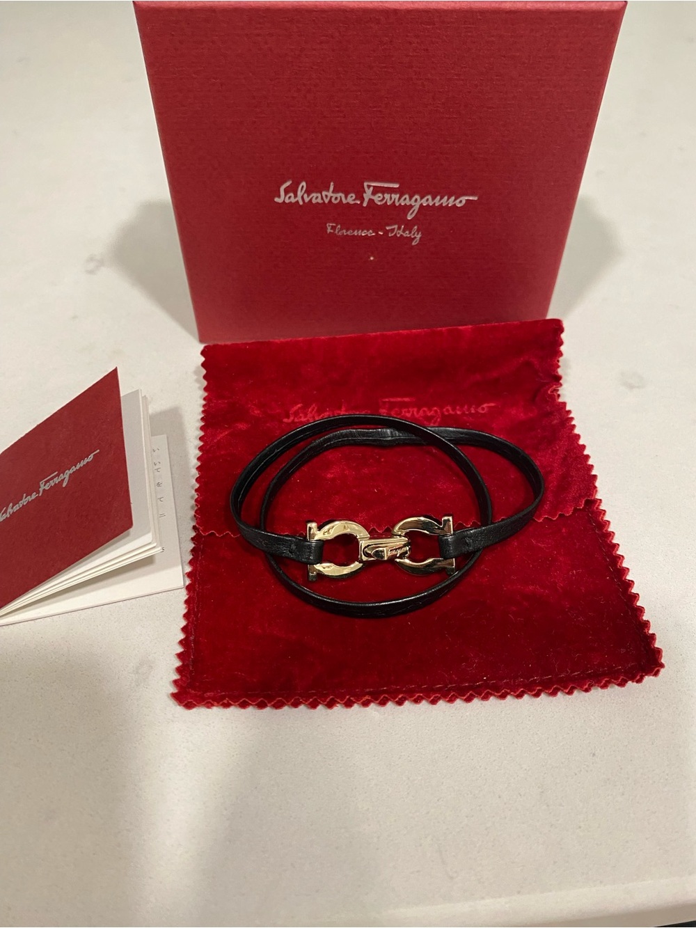 Salvatore Ferragamo Black Leather Double-Wrap Bracelet